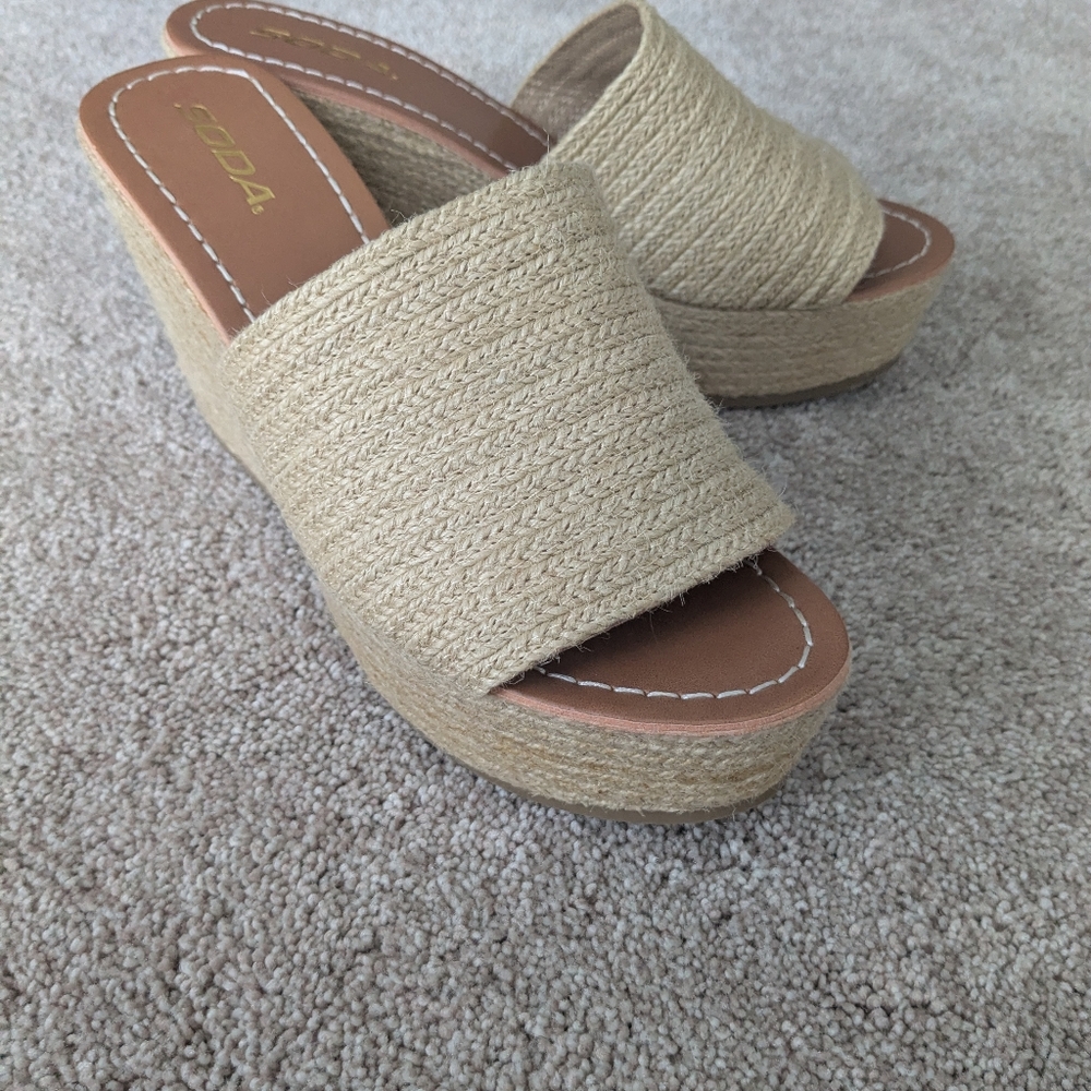 Soda Natural Tan Woven Espadrille Wedge Slides
